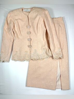 VINTAGE LILLIE RUBIN Women Jacquard Skirt Suit 4 Embellished Lace Beaded 90s